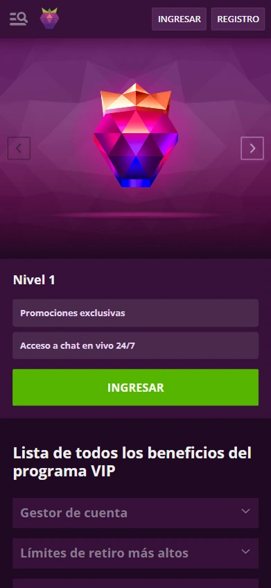 Pantalla del Nivel 1 VIP con beneficios y botón para ingresar