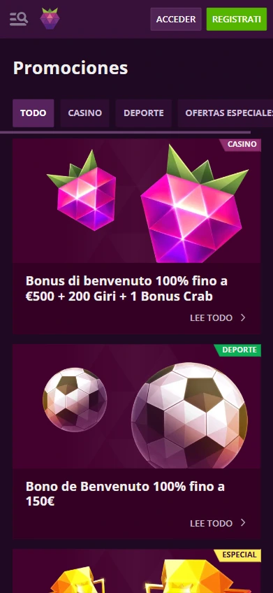 Sección de promociones con bonos de bienvenida para casino y deporte