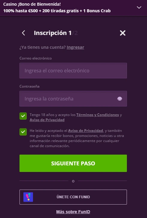 Formulario de inscripción con correo y contraseña