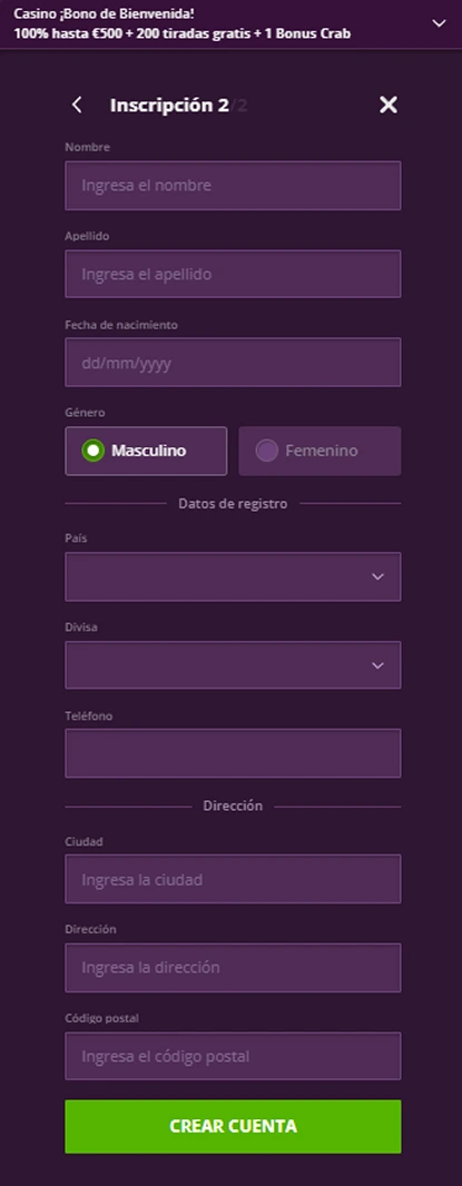 Formulario de registro de casino en línea con campos personales