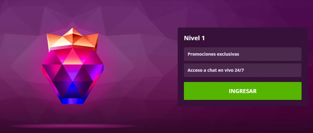 Joya con corona naranja, nivel 1 con promociones y chat 24/7